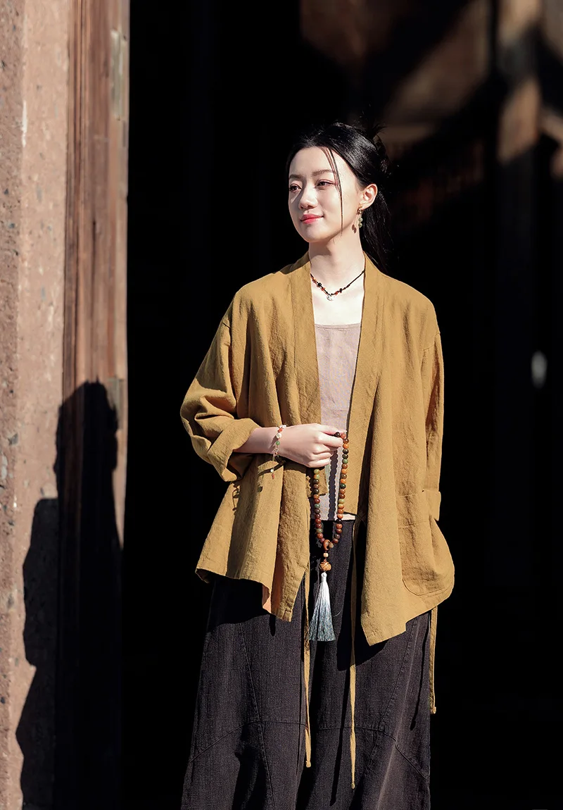 Women Hanfu Ramie Cotton Wrap Over Cardigan Shirt Asymmetrical Neo Chinese Traditional Tops