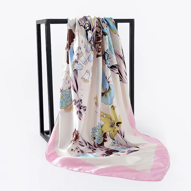 New 90*90cm Silk Satin Square Scarf Women Handkerchief Printed Female Square Head Bandana Small Neck Muffler Hijab Lady Girl