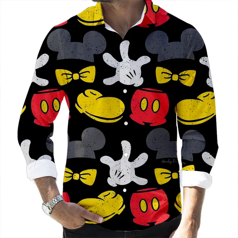 Fall 2022 New Disney Cartoon Casual 3D Printed Long Sleeve Lapel Slim Fit Mickey Donald Duck Brand Men\'s Top