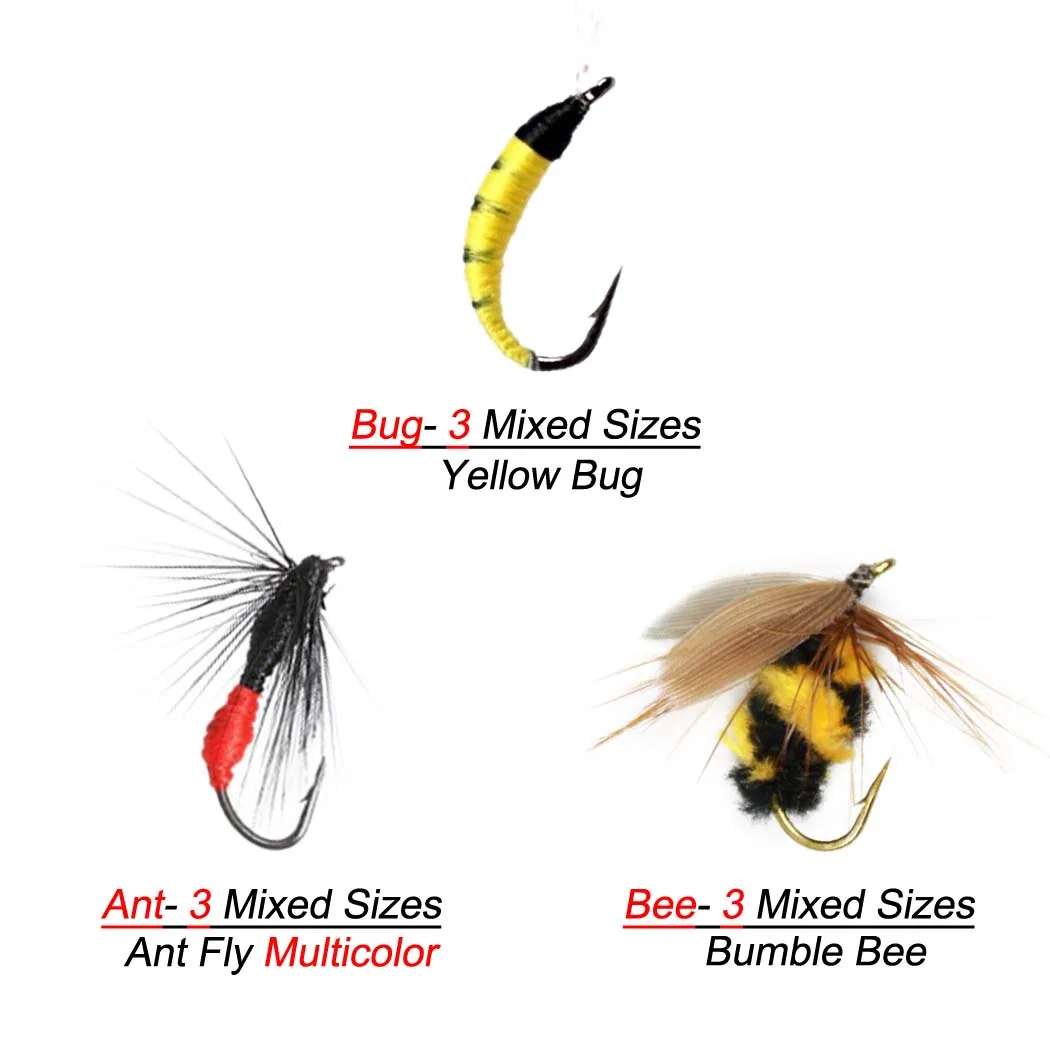 9/18Pcs/Box Artificial Bug/Bee/Ant Dry Fly Fishing Trout 3 Mixed Sizes Artificial Bionic Lure Bait