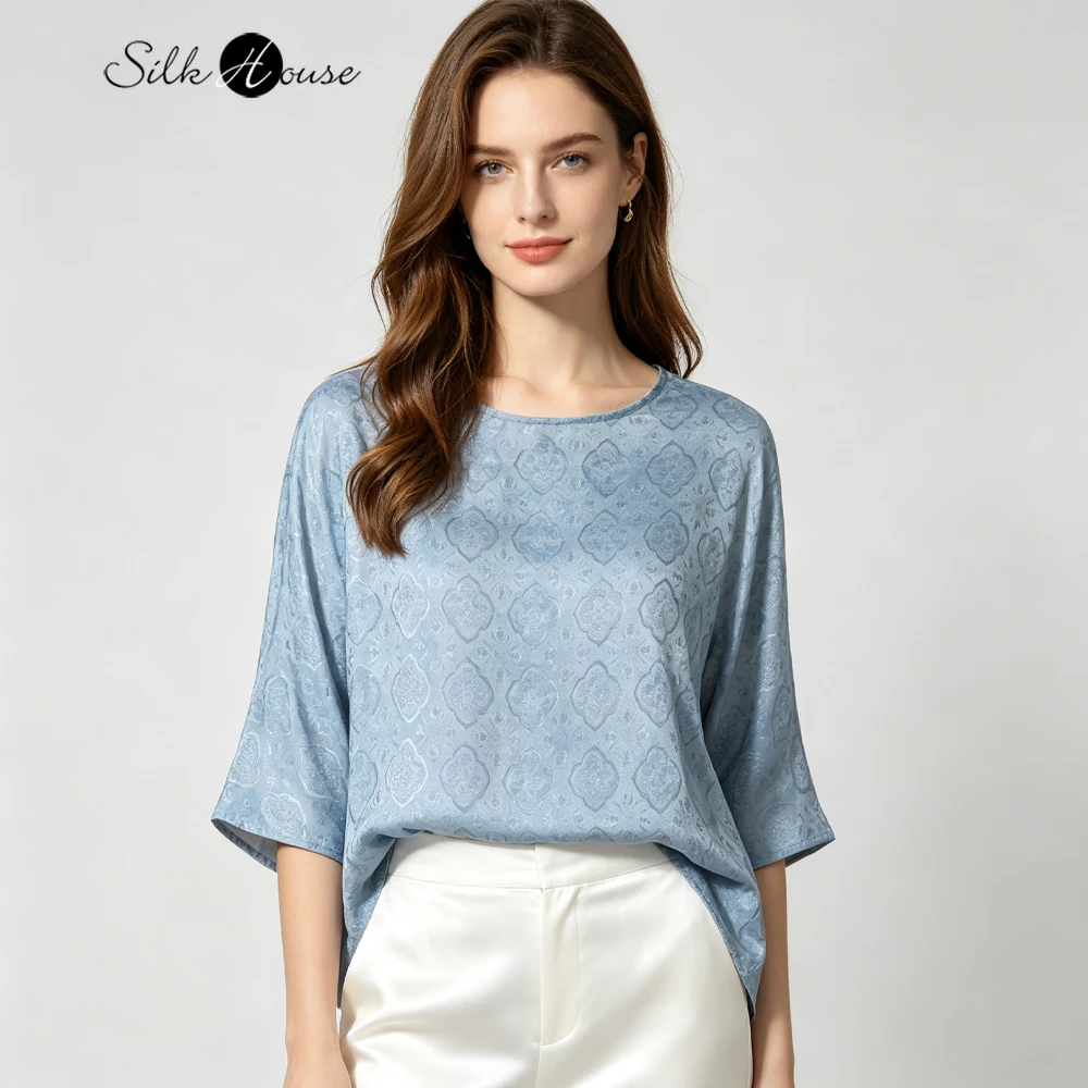 Women's Casual Summer New 100% Natural Mulberry Silk HuaLuo Ice Mist Blue Treasure Flower Loose Round Neck Half Sleeve T-shirt