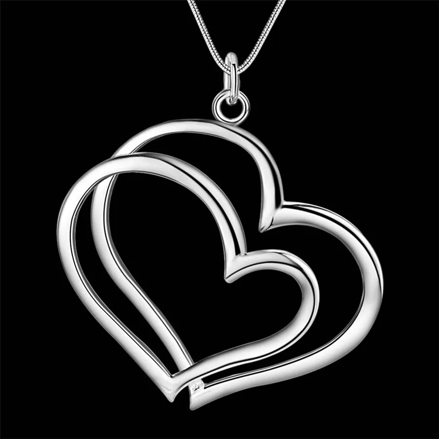 

Hot Sale 925 Sterling Silver Fashion Jewelry Double Heart Pendant 18 Inch Chain Necklace For Women Wedding Party Christmas Gift