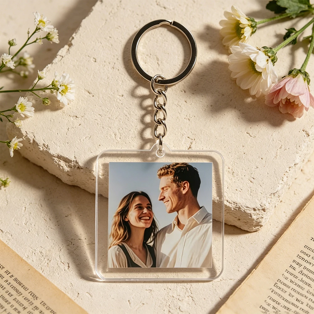Custom transparent acrylic keychain with QR code and custom text personalized names photo date durable square pendant best gifts view 2