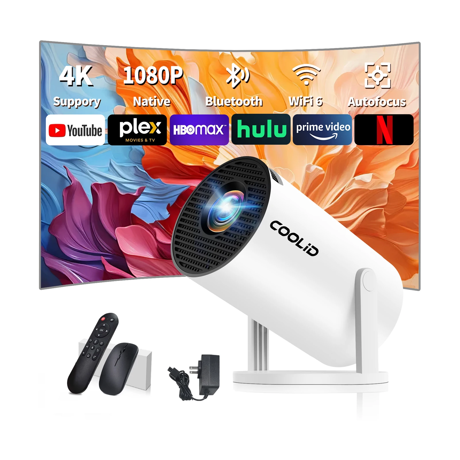 

Мини-проектор Native 1080P Wi-Fi 6 BT5.4 Портативный видеопроектор Поддержка 4K, автоматическая воздушная мышь Keystone с дистанционным управлением, вращение на 180 градусов