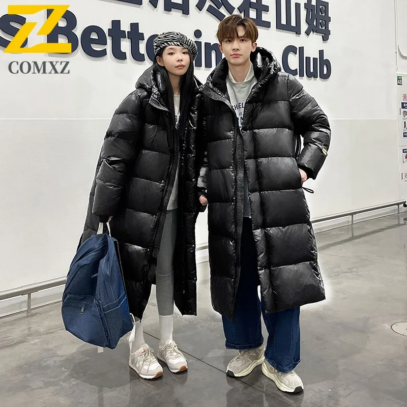 COMXZ Men Long Down Jacket Outdoor Travel Thickened Warm Parka Knee Length Design Cold Resistant Lightweight Winter Coat