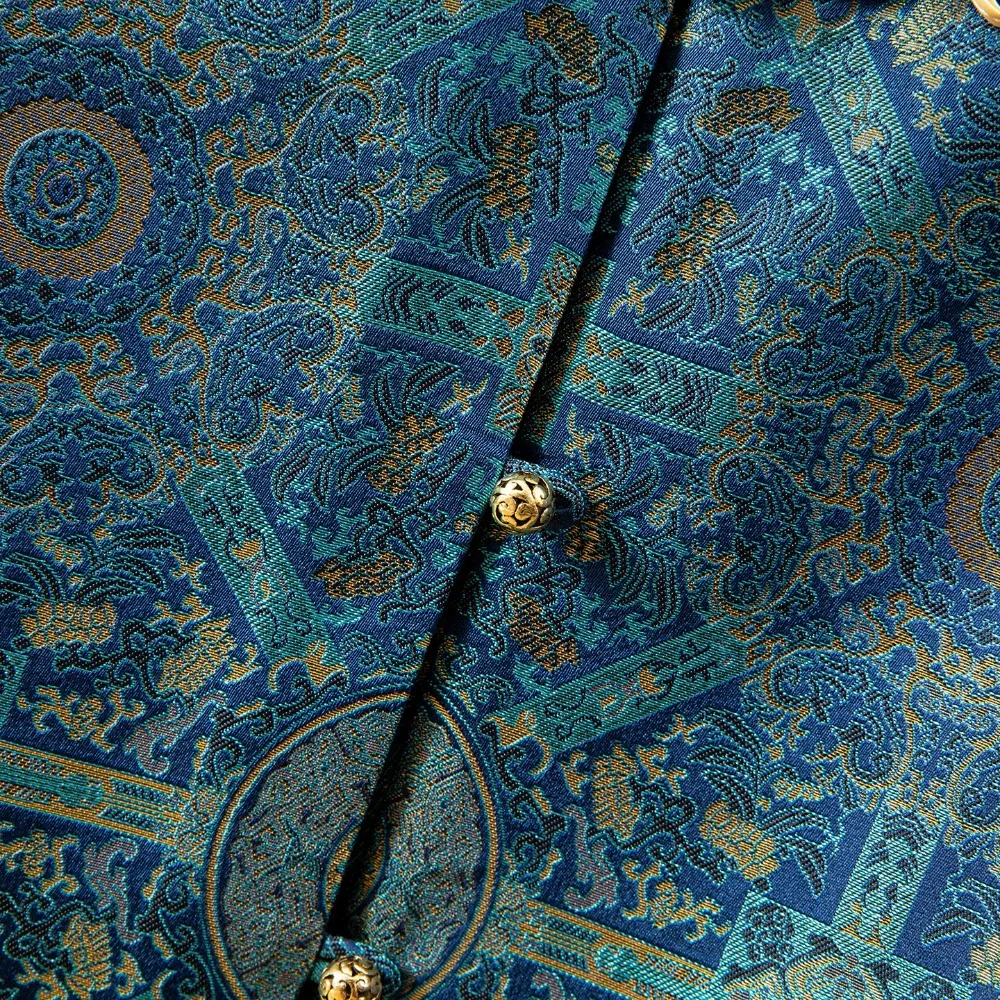 2025 Women's Fashion Clothing Blue Printed Natural Mulberry Silk Song Brocade Round Neck Long Sleeve New Chinese Style Coat