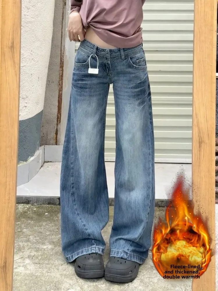 

plus Size American Retro Fce Lined Flared Jeans Women's Loose Not Tight Leggings Slim Wide Leg Pants Bell Bot