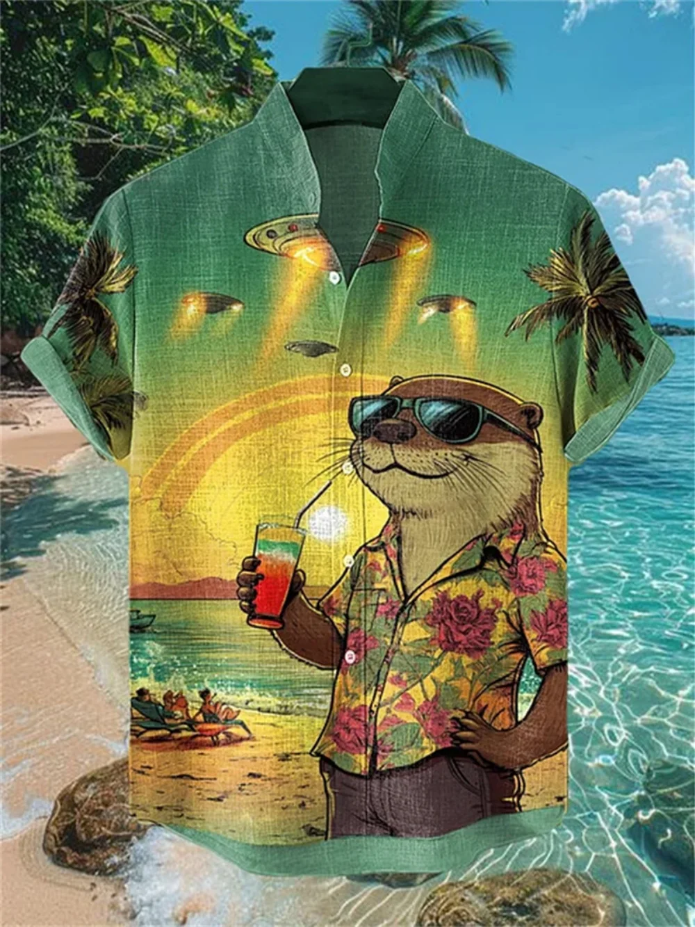 

Hawaiian men's short sleeved linen shirt, casual vacation fashion stand up collar loose breathable cardigan button up shirt