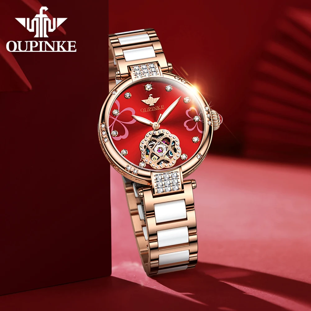OUPINKE 3183 Automatic Mechanical Watches for Women Elegant Ceramics Steel Strap Hollowed Floral Diamond Dial Ladies Wristwatch