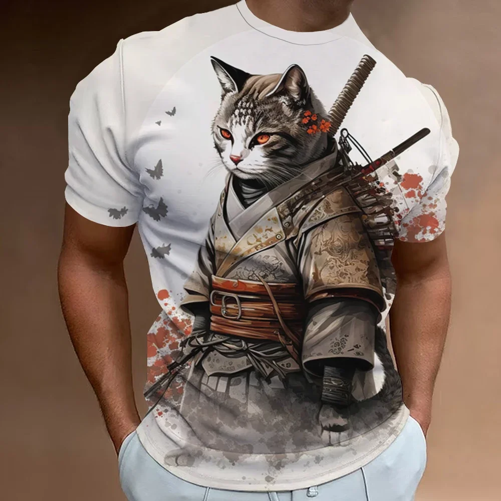 3d Samurai Cat Print Short Sleeve T-Shirt For Men New Retro Men's T-Shirt Fashion Oversized Man Clothes Quick Dry Tees Tops 2024