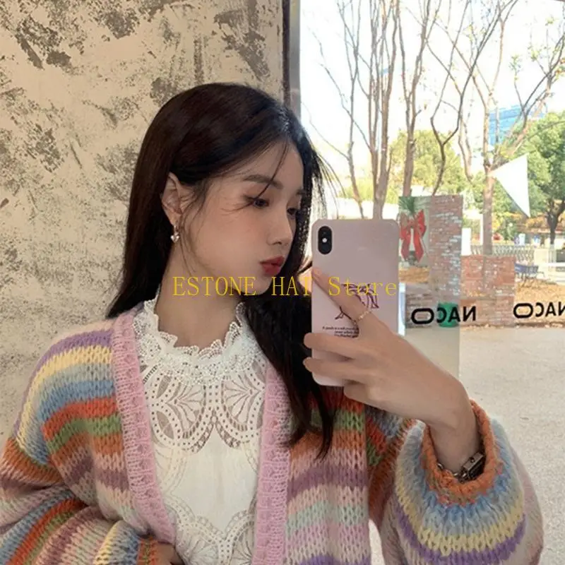 49MF Women Harajuku Rainbow Striped Knit Midi Cardigan Long Sleeve V-Neck Open Front Oversized Loose Sweater Coat Outwear