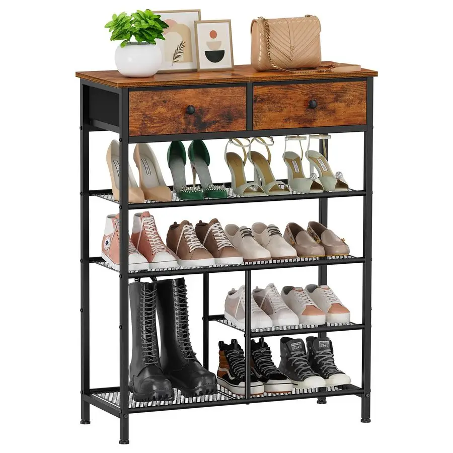 

Shoe Rack, 5 Tier Shoe Storage Organizer with 2 Drawers, Shoe Storage Shelves with Sturdy Wooden Top and Metal Shelves, Free Sta