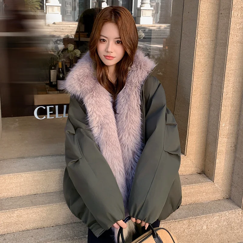 Oversized Faux Fox Fur Collar Jacket 2026 Winter Loose Thick Warm Short Padded Coat Splicing Good-looking Cotton Padded Jacket