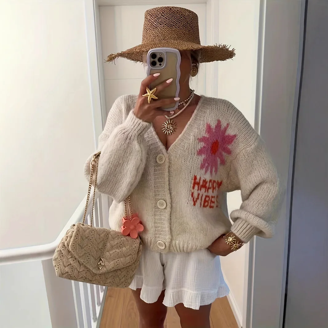 Cardigan con coprispalle casual elegante floreale albicocca 006