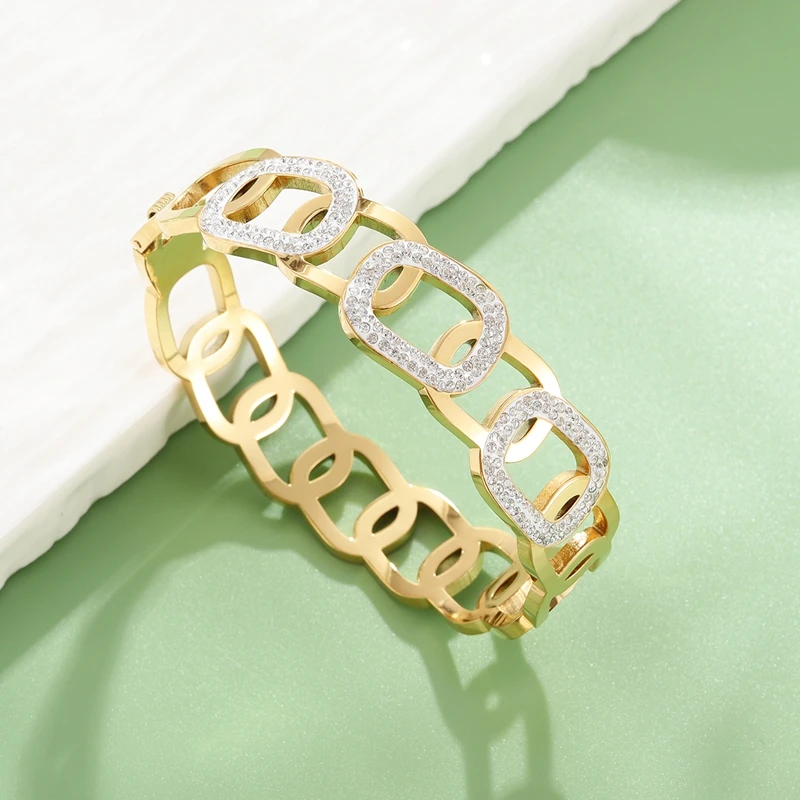 New  Fashion Splicing Annular Charm Women Female Crystal Bangles Stainless Steel Wristband Wedding Party Gold Color Jewelry Gift