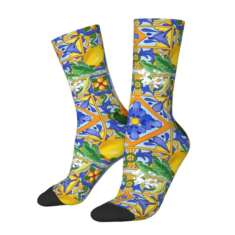 Custom Mediterranean Summer Lemons Sicilian Tiles Mens Crew Socks Unisex Cool 3D Printed Dress Socks