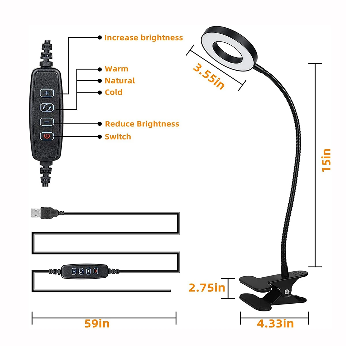 LED 책상 램프 클립 라이트 조광 가능 구즈넥 독서등 사무실 램프 식물 성장등 휴대용 테이블 조명【블랙/화이트】