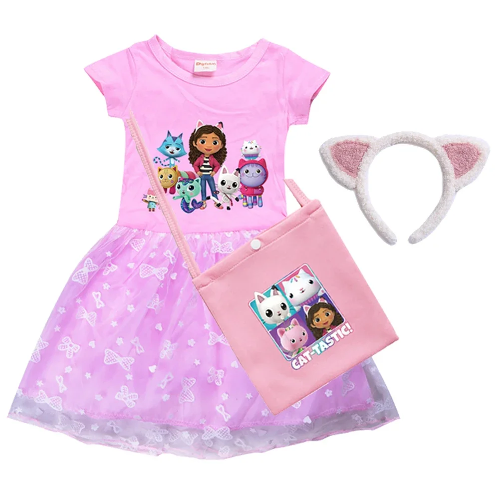 2024 Girls Summer Dresses Gabbys Dollhouse Girls Cat Tastic Costumes Kawaii Kids Birthday Party Princess Dress with Headwear Bag