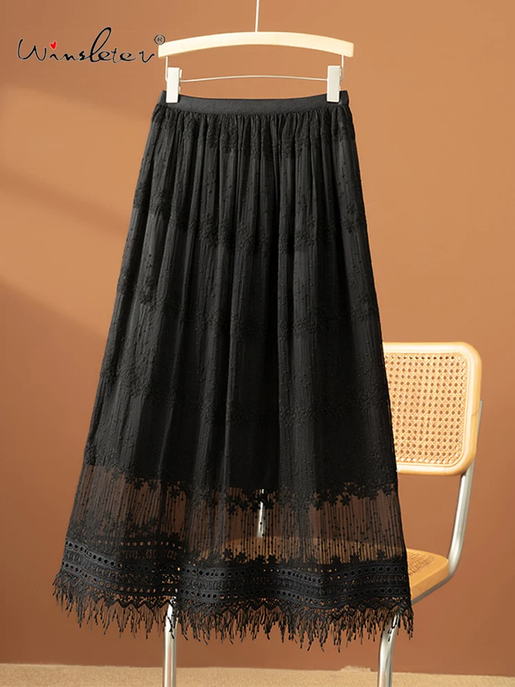 

Winsleter-100%Silk Elegant Skirts, Elastic Waist Embroidery Lace, Women French Vinatge A-line Skirt, 2026 Spring Summer B62277CC