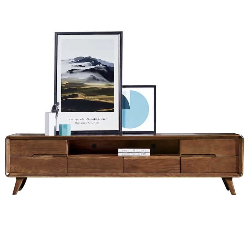 Nordic Solid Wood TV Cabinet Ash Floor Standing Low Console Modern Simple Storage Unit for Small Apartment Living Room