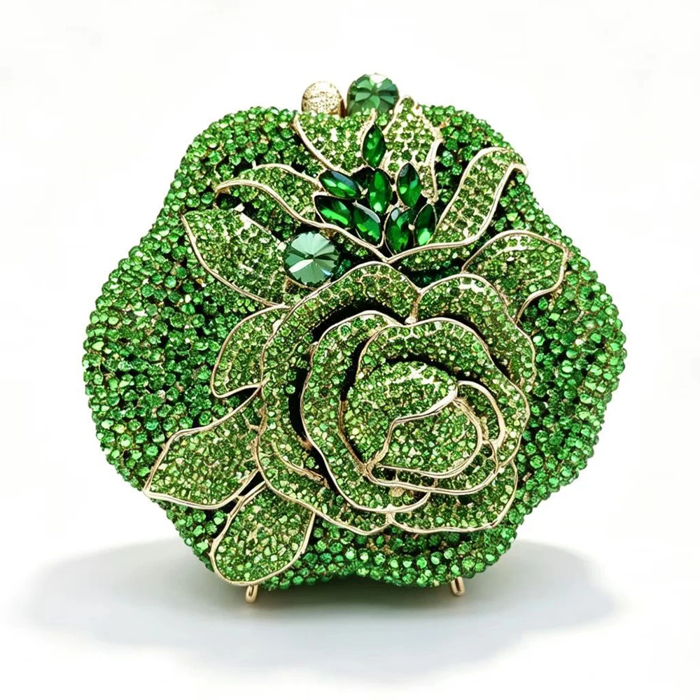 Women Green Flower Crystal Evening Bags Clutches Luxury Diamond Handbags Stones Day Clutches Rhinestone Metal Ladies Clutch