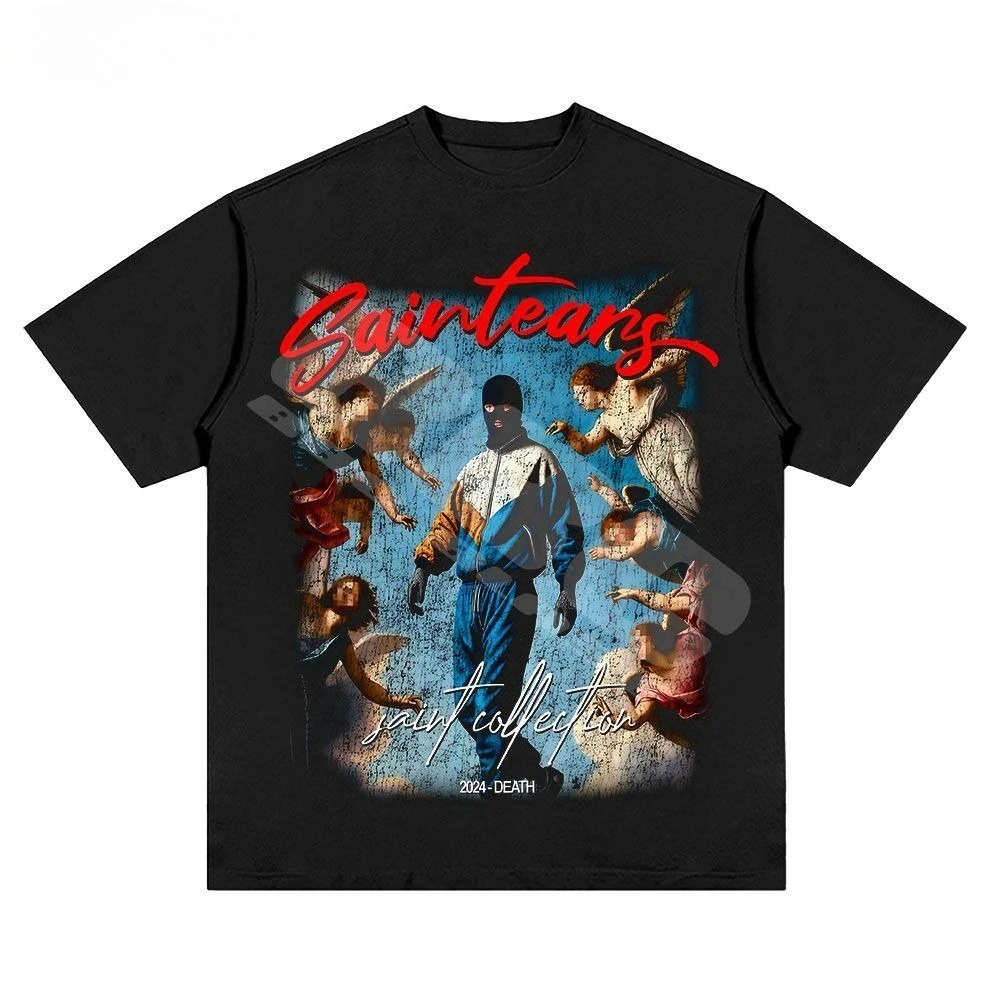 

Американский тренд Ангел Бандит в маске Американский принт High Street Лето Ретро Повседневная мужская и женская свободная футболка с коротким рукавом