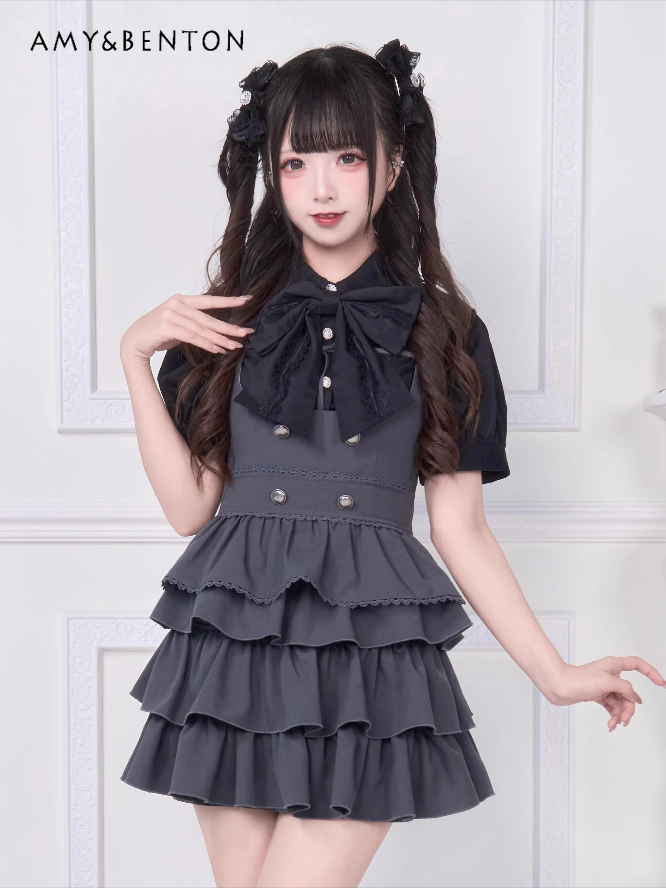 

Серия Mine Массовый японский субкультурный костюм Harajuku с бантом, рубашка с короткими рукавами и высокой талией, юбка-тортик, комплект из двух предметов