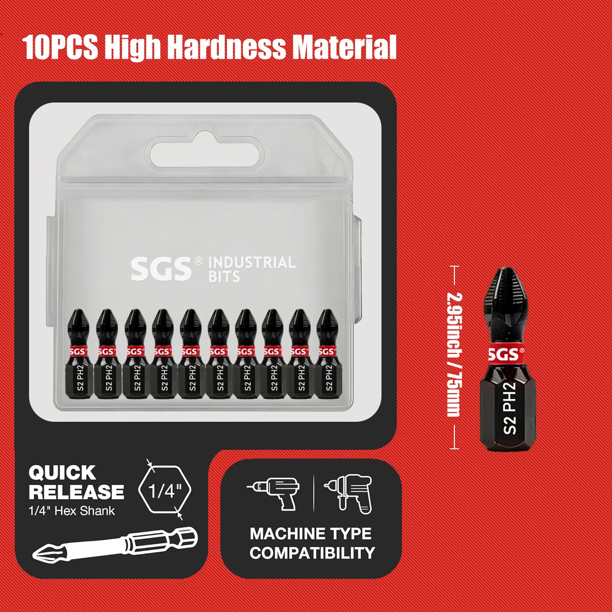 10-Piece Set of S2 Steel Anti-Slip Ph2 Phillips Bits 25/50/65/75mm Magnetic Anti-Twist High Hardness Impact Screwdriver Bits