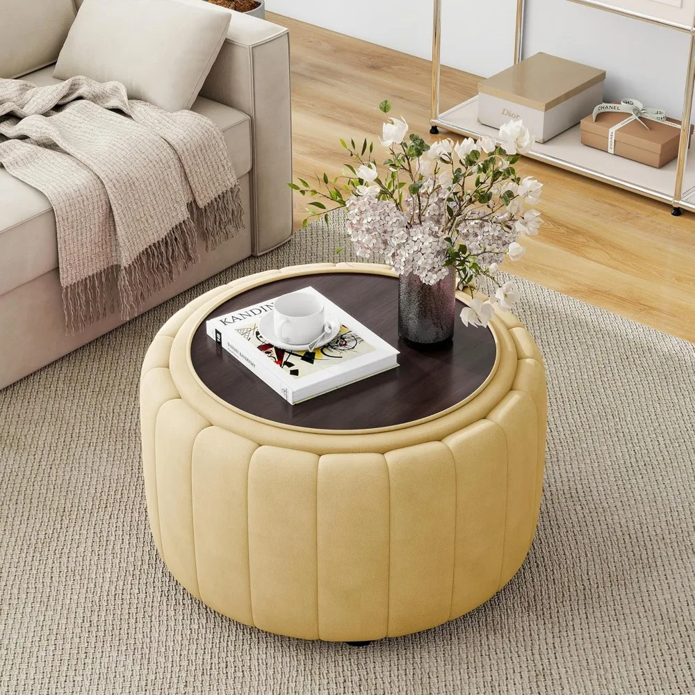 30-inch Round Velvet Ottoman with Flip Top Tray, Modern Storage Coffee Table for Living Room