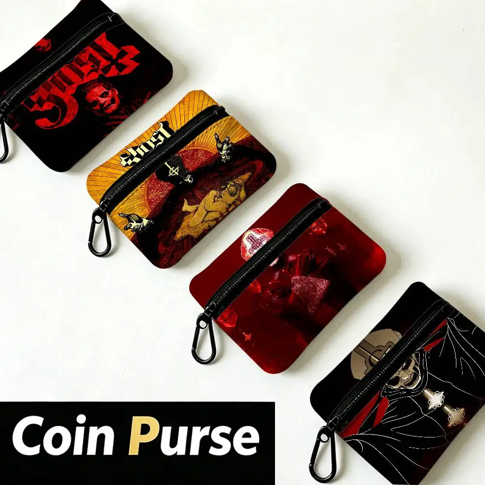 Ghost Heavy Metal Band Mini Hanging Oxford Cloth Coin Bag Durable Zipper Key Card Pouch With Carabiner