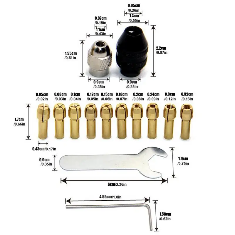 Set Collet Bor Mata Bor Collet Kuningan 1/32-1/8 Inci Pengganti Batang Tanpa Kunci untuk Alat Putar Aksesori Penggiling Listrik