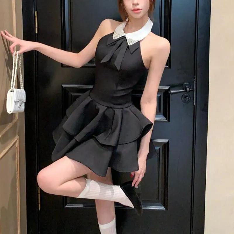 

Elegant French Style Halter Slim Mini Dress Summer Ball Gown Female Clothing Aura Lapel Bow Stylish Diamonds Backless Dresses
