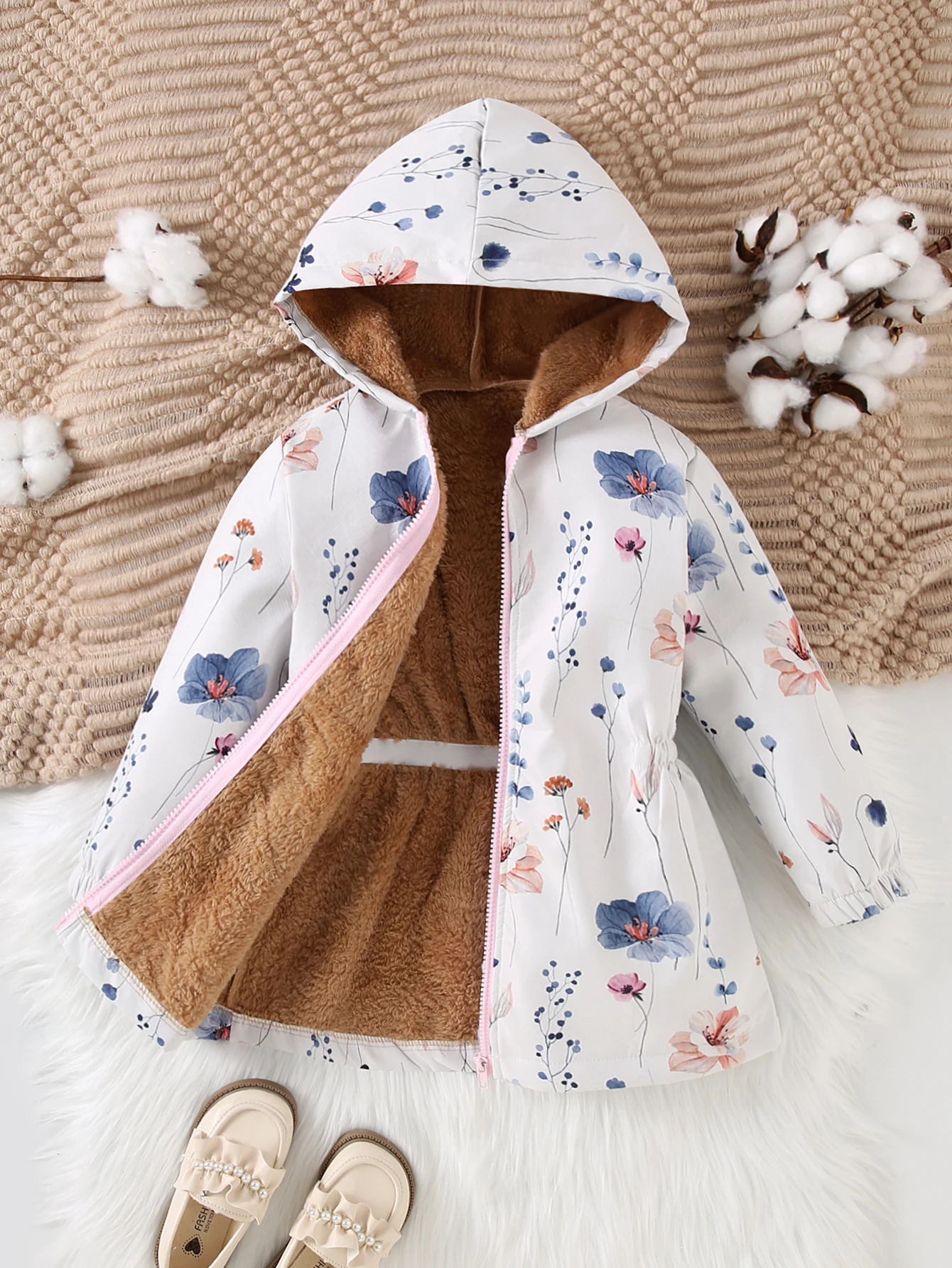 New Autumn And Winter Girls' Long Sleeved Zipper Shirt With Cute Flower Print Elastic Waistband Slim Fit Jacket