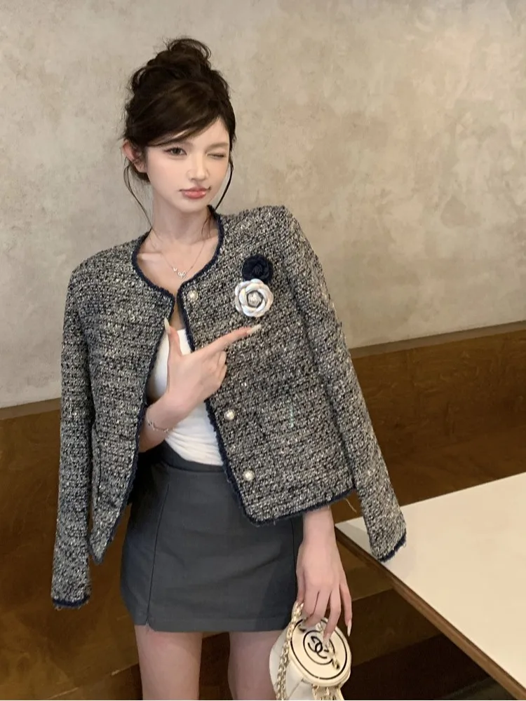 

Костюм из шерсти Blue Camellia Fraance Sle ort, женский, осенний, элегантный, с круглым вырезом, из неокрашенной ткани, модный комплект