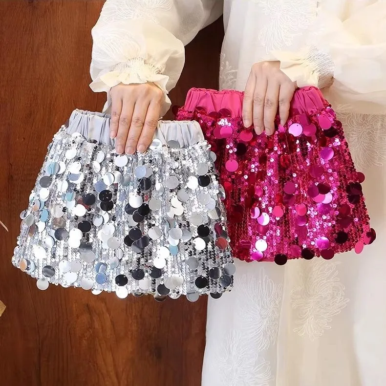 2026 Spring Summer Autumn New Glitter Half Skirt for Girls High-Waisted Fashion Short Skirt Bright Colors for Baby Girls