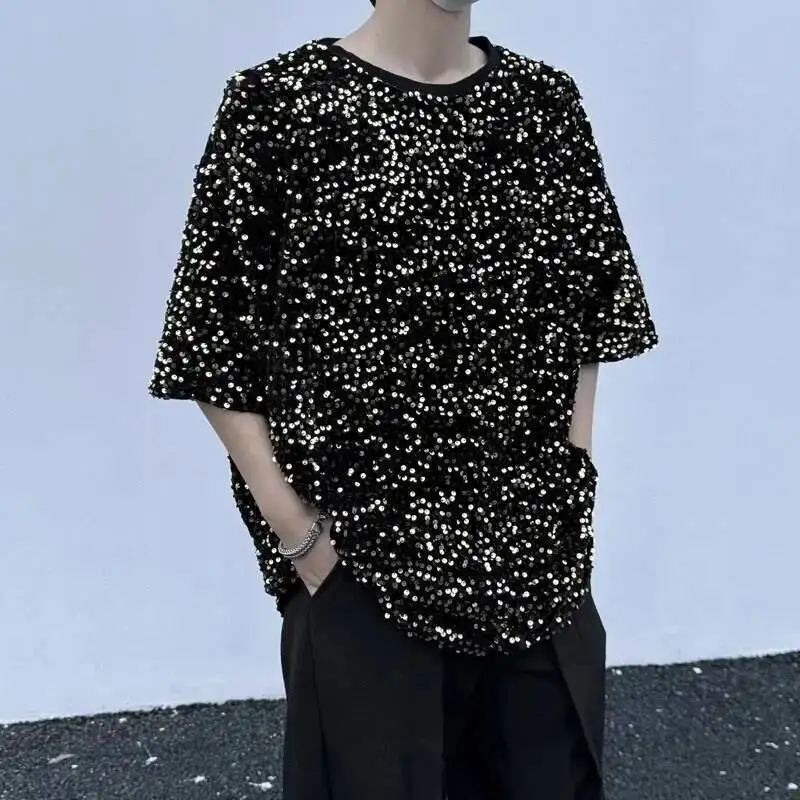 Niche Trendy Men's Sequined Design T-shirt Multiple Colors Loose Casual Pullover Tops O-neck Short Sleeve Summer Tee FHQ0