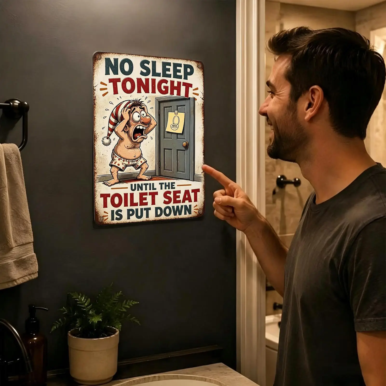Toilet Seat Warning Sign 2D Hilarious Metal Art Display Decoration Toilet Seat Reminder Sticker for School Cafe Garage Nightclub