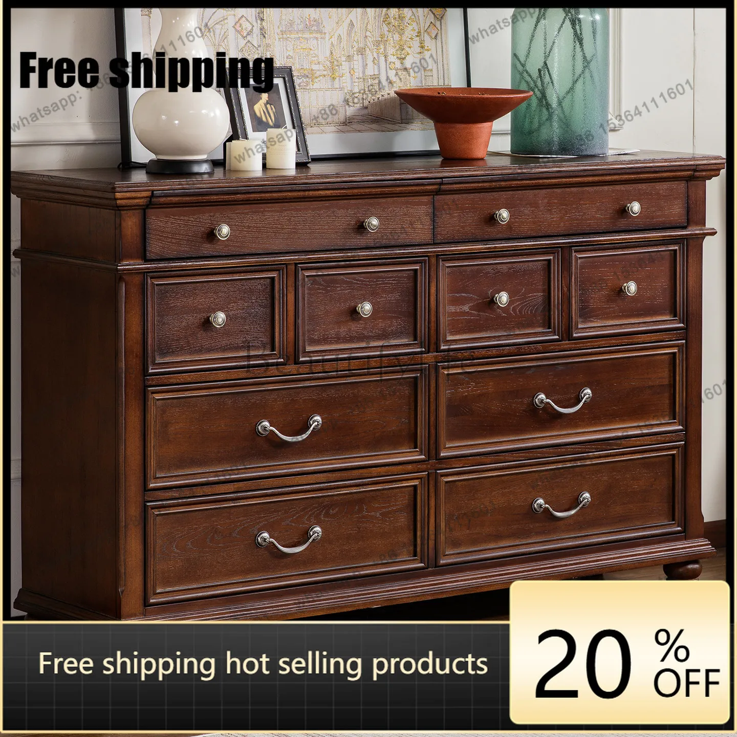 XX. American all-solid wood bedroom, ten drawers at the end of the bed, retro home classification locker