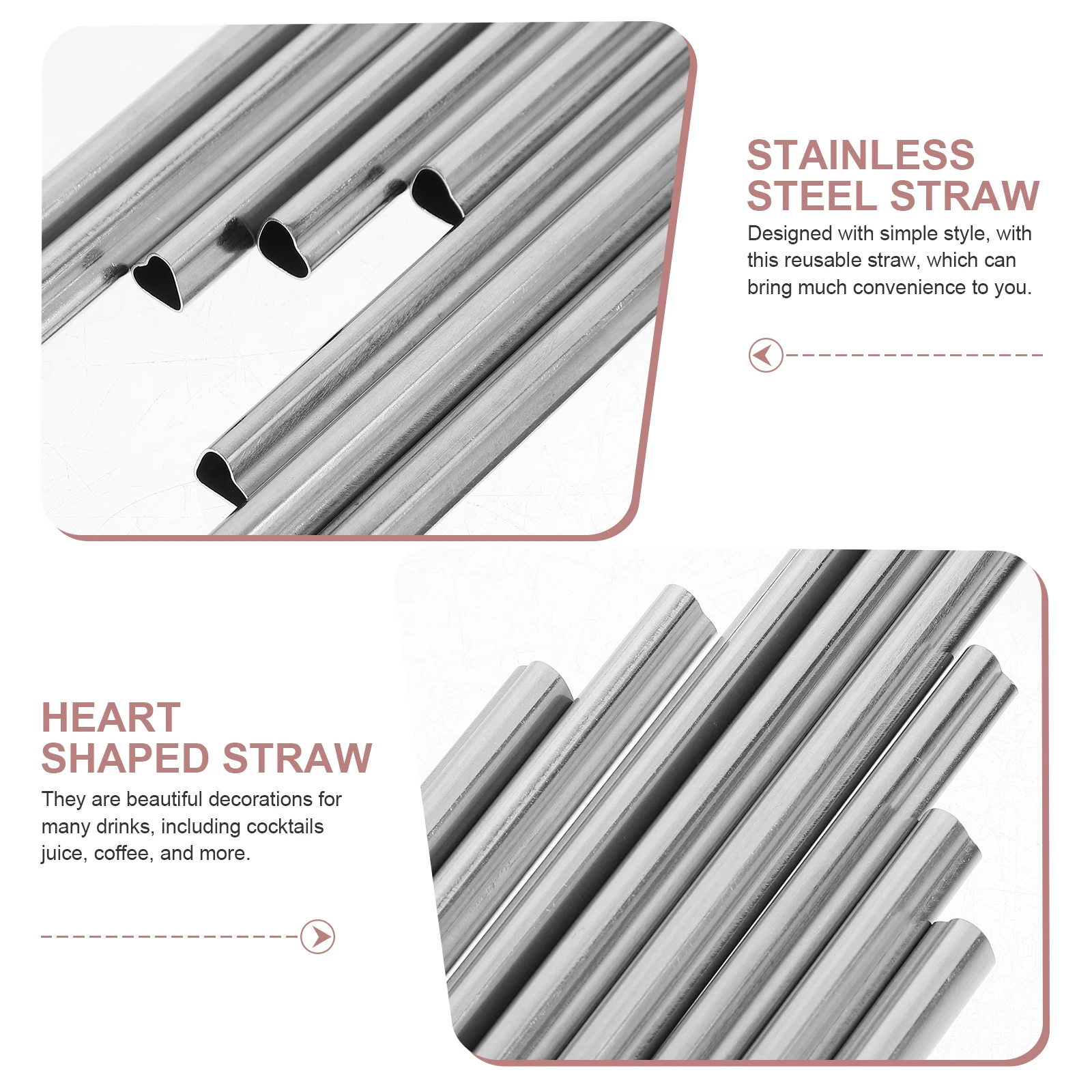 

Stainless Steel Heart Shaped Straws Reusable Drinking Straws for Cocktails Juice Coffee Milk Tea Party Cleaning Brush Included