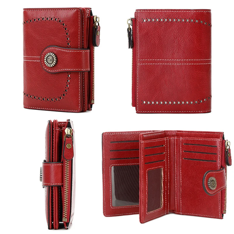 Retro RFID Anti-Theft Leather Wallet Multi-Card Zipper Bifold Purse Credit Card Holder Multi-Functional Coin Wallet