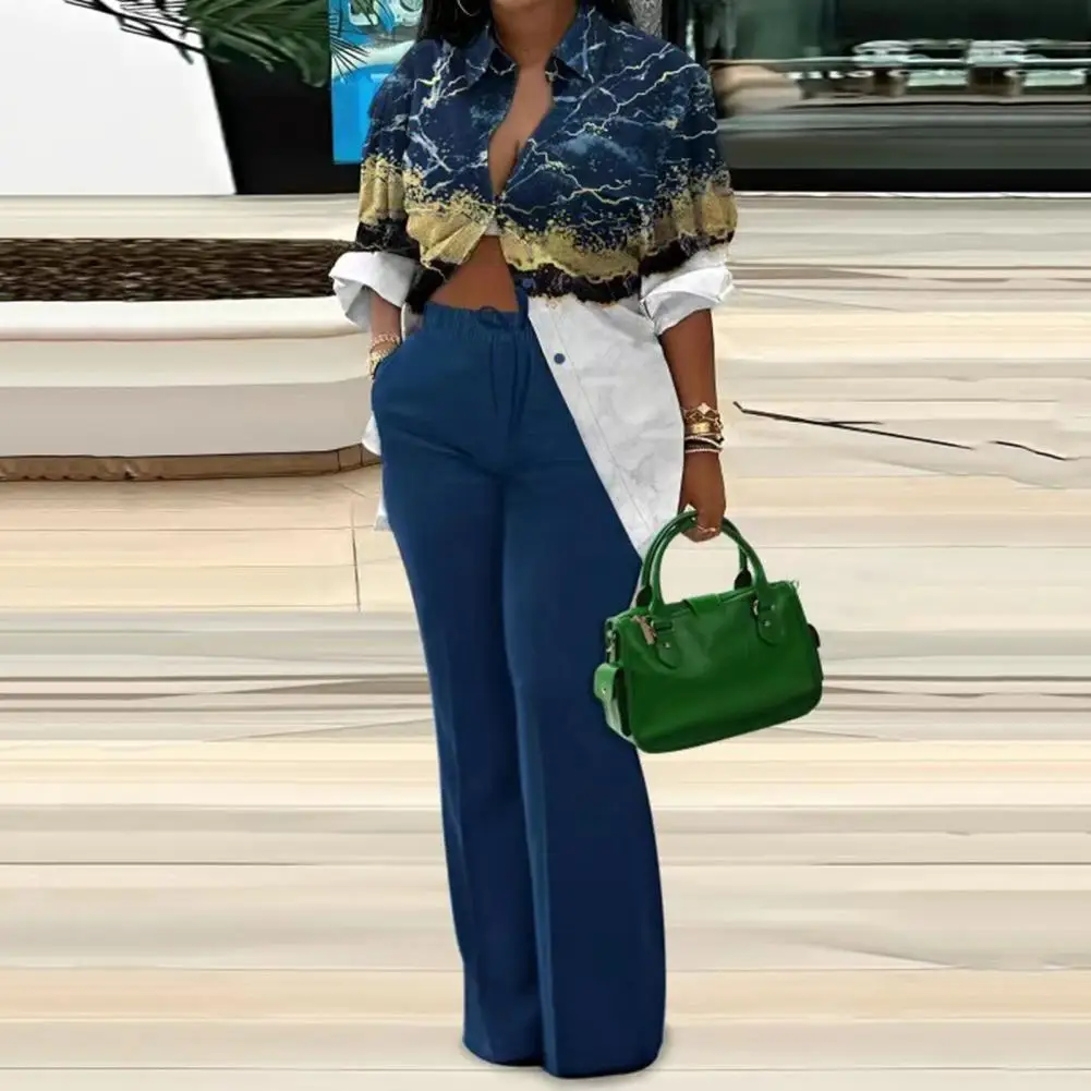 Women Shirt Pants Suit Turn-down Collar Long Sleeves Printed Casual Loose Top Elastic Drawstring Wide Leg Trousers Kit