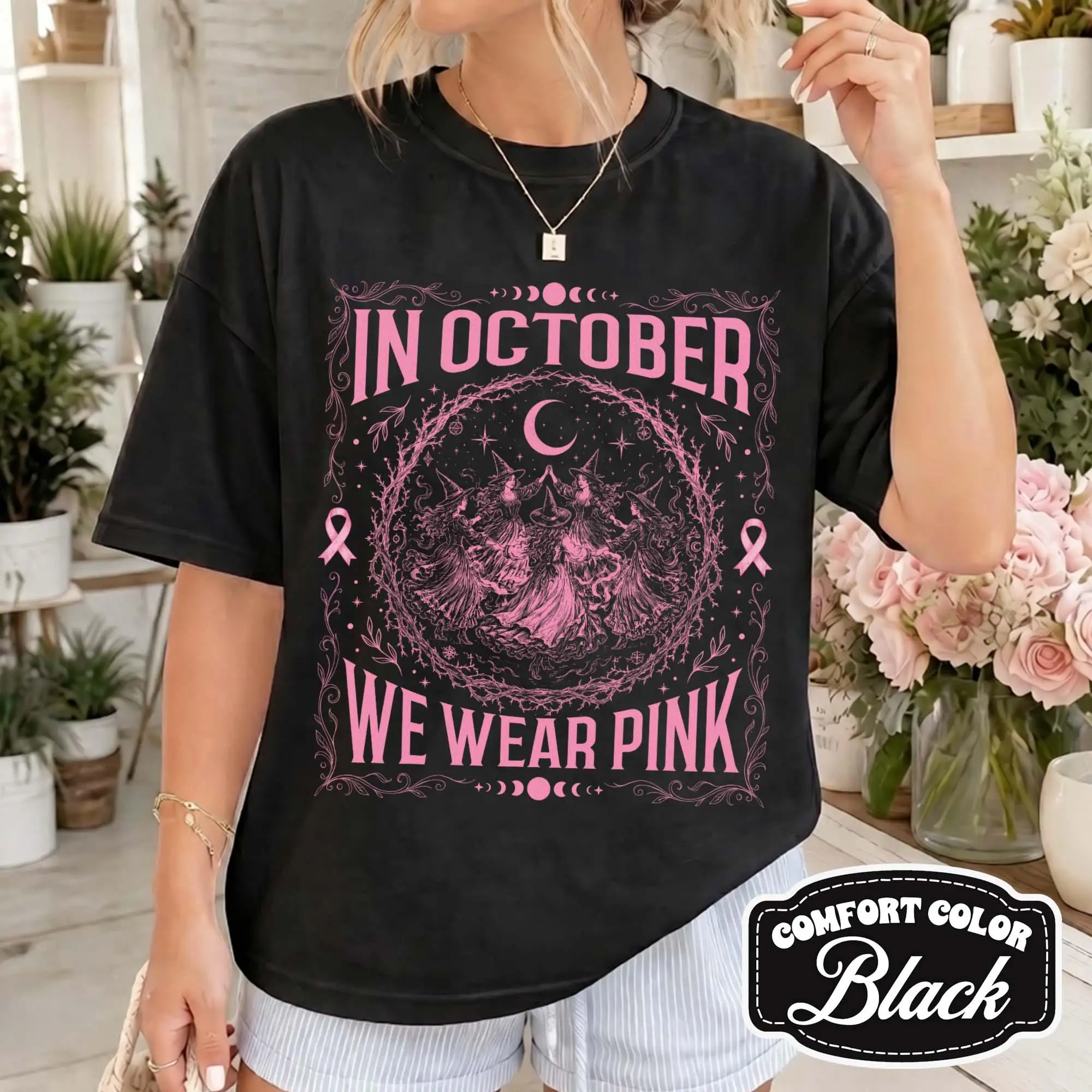 In October We Wear Pink Shirt, Breast Cancer Witch Tee, Pink Ribbon Halloween Tshirt, Spooky Awareness , October Survivor Gift