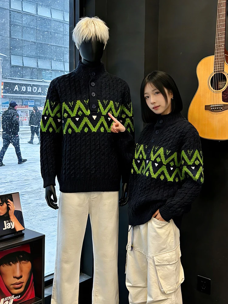

Мужской вязаный свитер в американском ретро-стиле с узором Fair Isle, утепленный, с высоким воротником, базовый, зимний, повседневный, свободного кроя, мягкий, с длинными рукавами