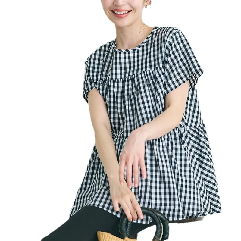 일본과 한국의 새로운 스타일 여성 여름 셔츠, 순면, 고급스러운 느낌, 루즈핏, 단색, 체크무늬, 러플 엣지