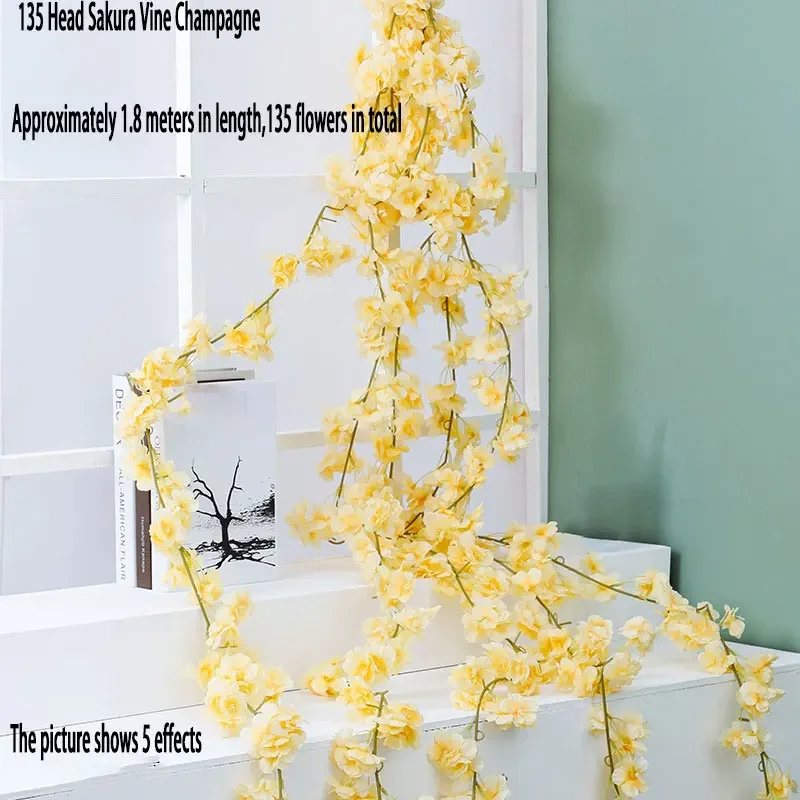 1 pezzo, vite di fiori di ciliegio artificiale da 95 pollici, parete di sfondo di piante finte appese per matrimoni, tavolo da festa, parete di decorazione per ufficio