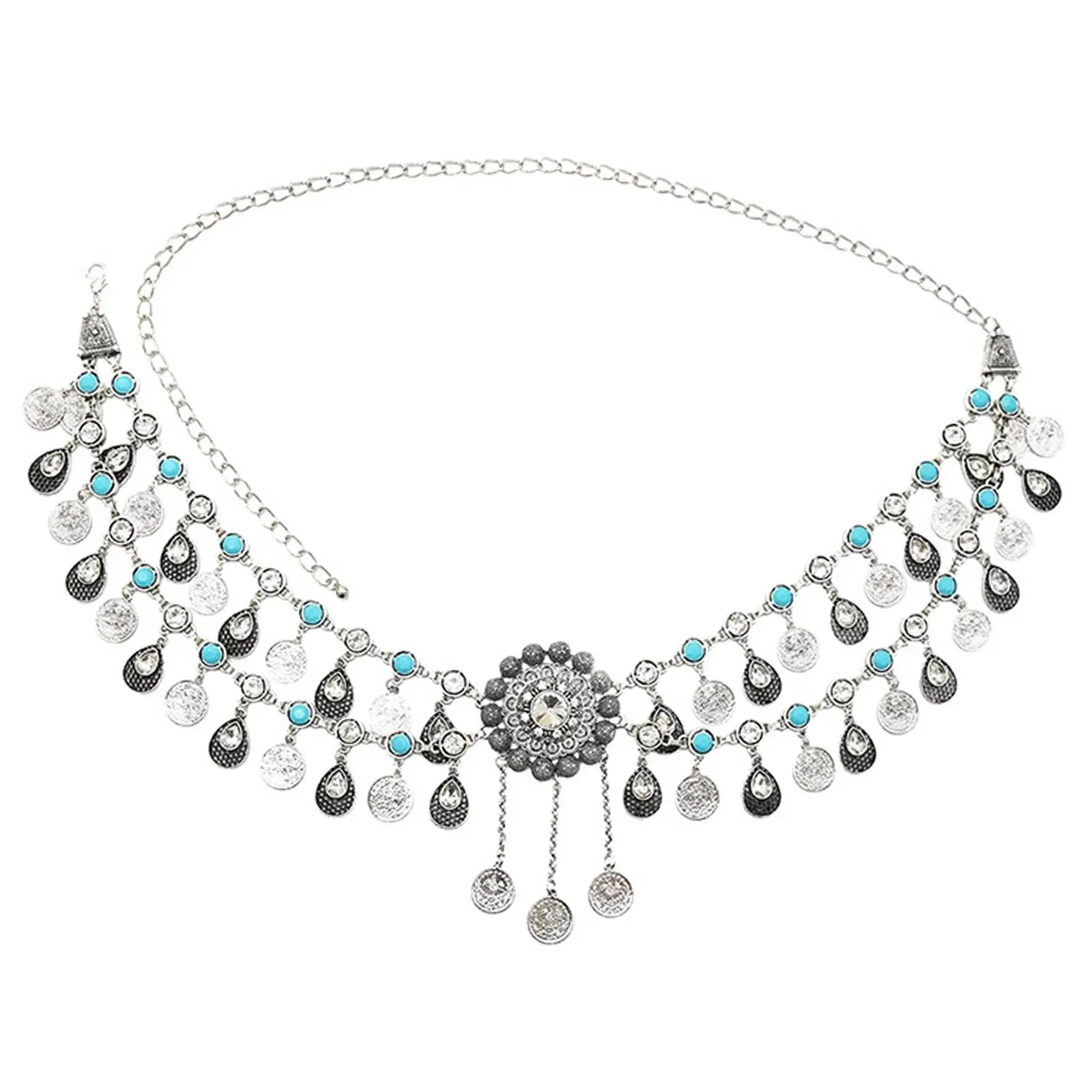 Women Belly Dance Alloy Hip Waist Chain Belt with Sequins Pendants Tassels for Stage Performance Nightclub Outfit Party