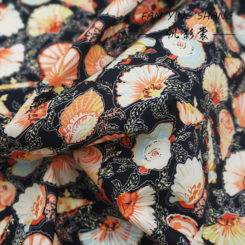 Vintage Shell Conch Floral Print Poplin Cotton Fabric Black Base Peach Mint Ocean Style Cotton Fabric For Dress Shirt Sewing DIY