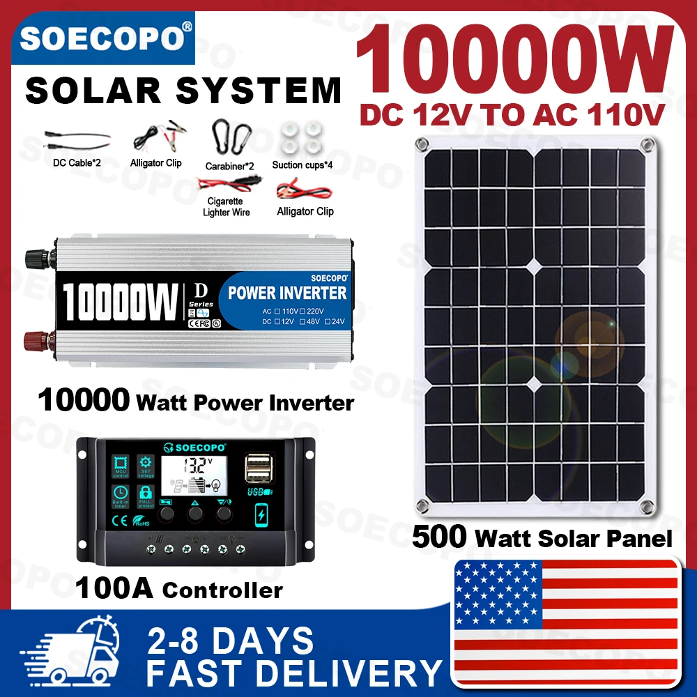 

(U.S Stock 2-8 Days) SOECOPO 10000W Portable System Set DC 12V to AC 110V Inverter 500W Solar Panel 100A Controller Camping Home