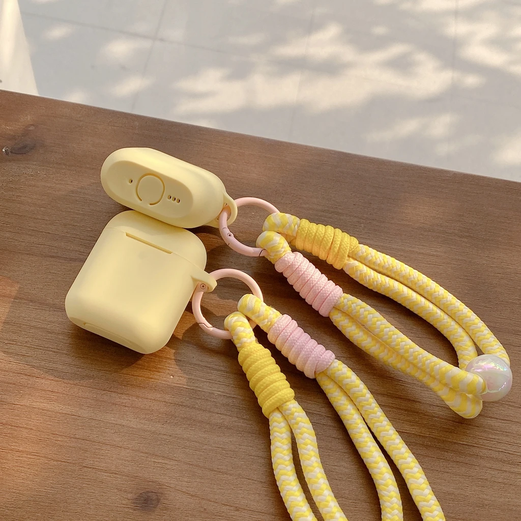 Minimalist Yellow Matte Soft Silicone With Bead Braided Lanyard Earphone Cover Case for AirPods 1 or 2 3 4 5 Pro 2 Pro 3