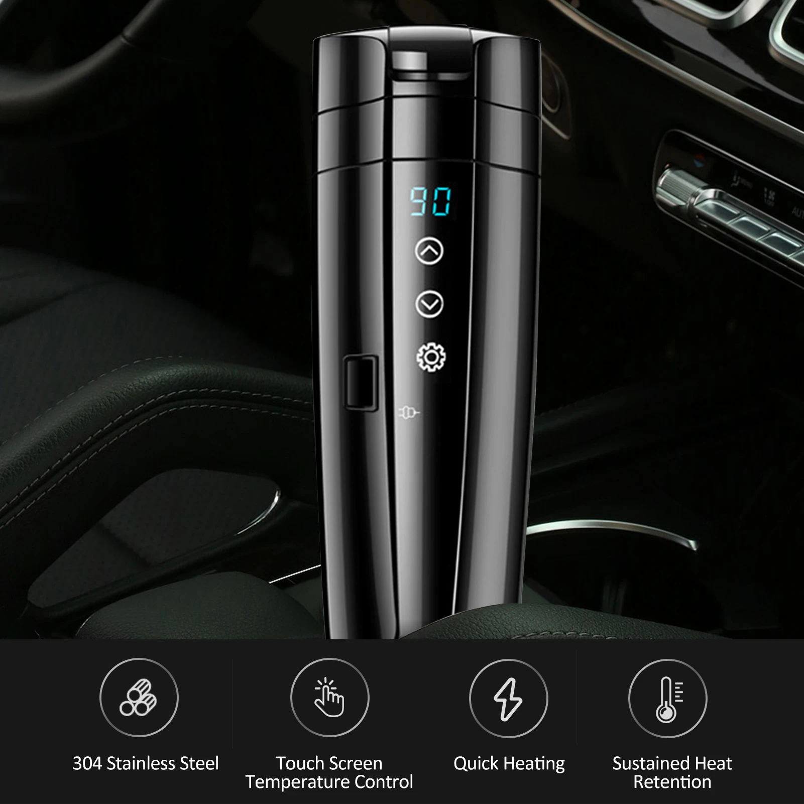12V/24V Car Heating Cup, 400mL Stainless Steel Heated Travel Mug Car Smart Temperature Control Electric Kettle for Coffee Tea
